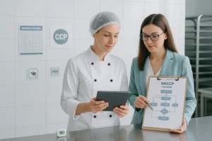 Cukrász és HACCP szakértő együtt optimalizálja a cukrászműhely élelmiszerbiztonsági folyamatait, modern, tiszta környezetben.