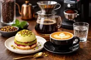 Specialty coffee kávé és modern desszert egy rendezett, higiénikus kávézóban – biztonságos és profi üzemeltetés szemléltetése